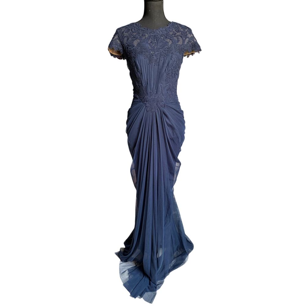 Tadashi Shoji Corded Lace and Draped Tulle Gown (Navy Blue) - Size 6 - Picture 2 of 13